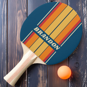 Raquette De Ping Pong Rayures de planche arc-en-ciel bleu vintage avec n