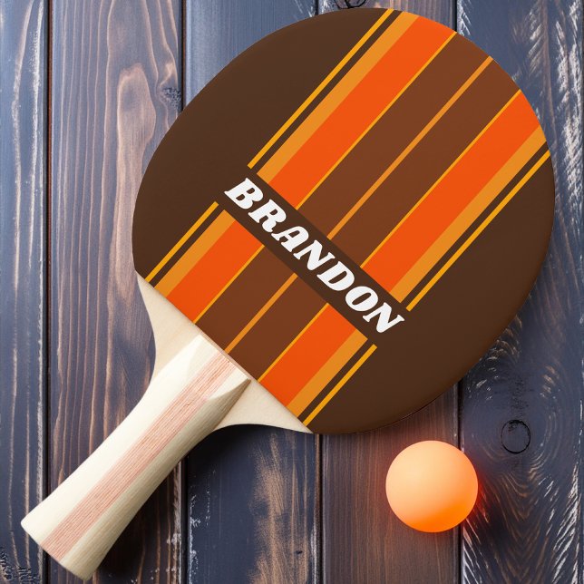 Raquette De Ping Pong Rayures de planche de terre orange avec nom (Créateur téléchargé)