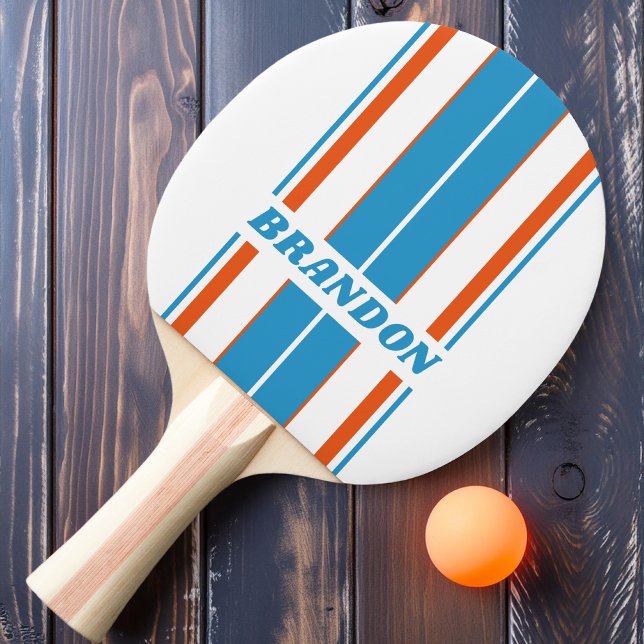 Raquette De Ping Pong Rayures de planche nostalgiques d'été avec nom (Créateur téléchargé)