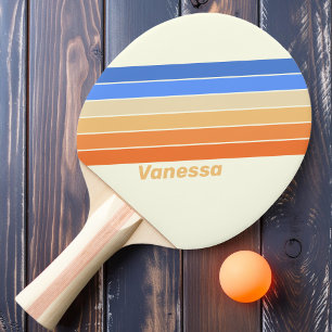 Raquette De Ping Pong Rayures de soleil océaniques vintage avec nom