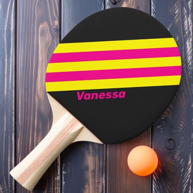 Raquette De Ping Pong Rayures de soleil rétro avec nom (Créateur téléchargé)