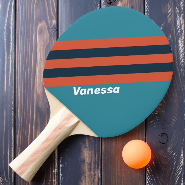 Raquette De Ping Pong Rayures de trempage sarcelle rétro avec nom (Créateur téléchargé)