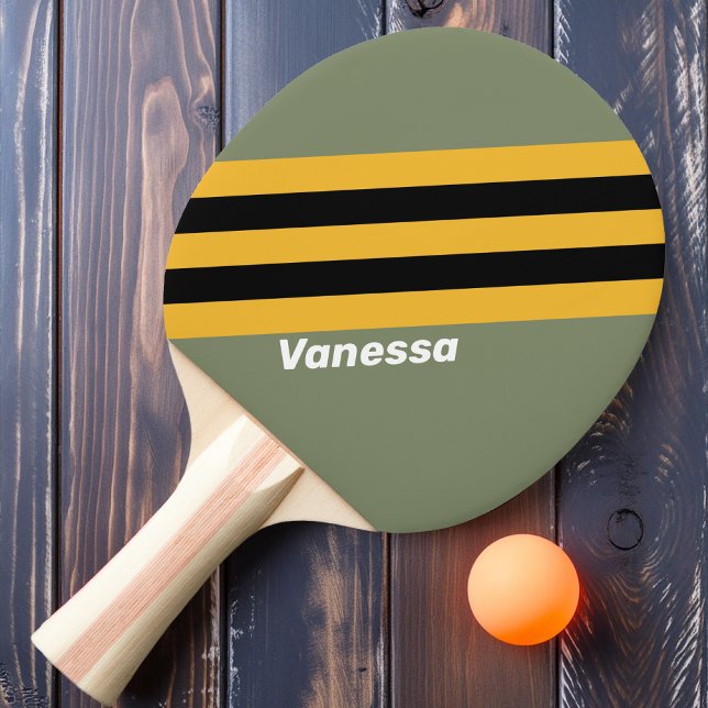Raquette De Ping Pong Rayures de veilleuse olive avec nom (Créateur téléchargé)