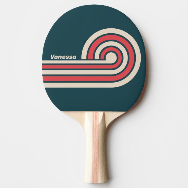 Raquette De Ping Pong Rayures de Vibe Sarcelle Rétro avec Nom (Devant)