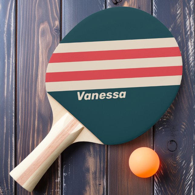 Raquette De Ping Pong Rayures de vibration sarcelle rétro avec nom (Créateur téléchargé)