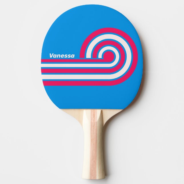 Raquette De Ping Pong Rayures écrasées bleues rétro avec nom (Devant)