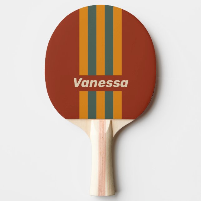 Raquette De Ping Pong Rayures épinglées orange rouille rétro avec nom (Devant)