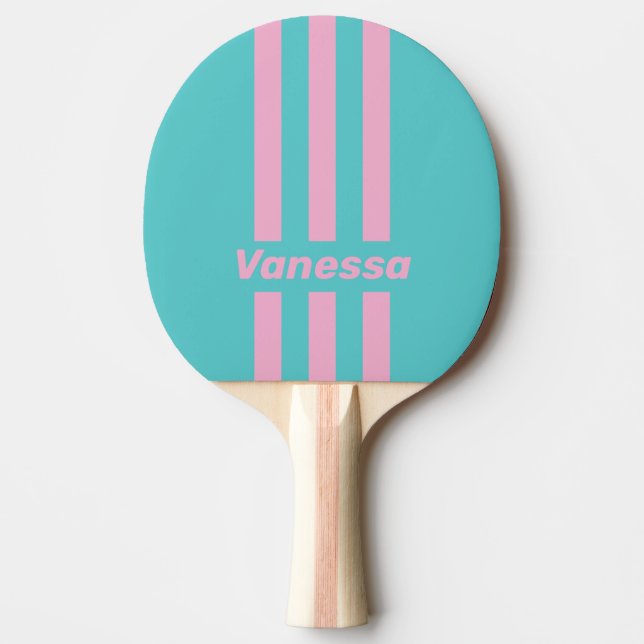 Raquette De Ping Pong Rayures fines de South Beach Rétro avec nom (Devant)