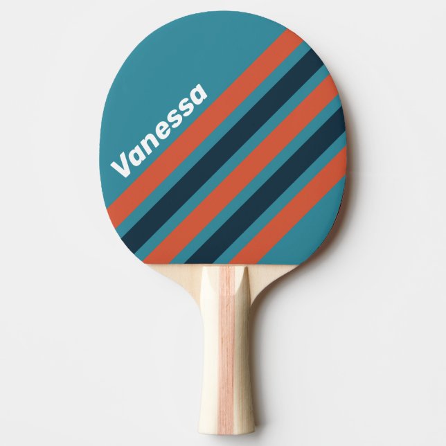 Raquette De Ping Pong Rayures inclinées sarcelle rétro avec nom (Devant)