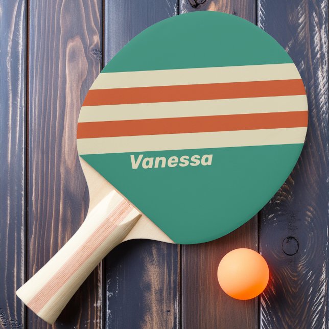 Raquette De Ping Pong Rayures intemporelles rétro avec nom (Créateur téléchargé)