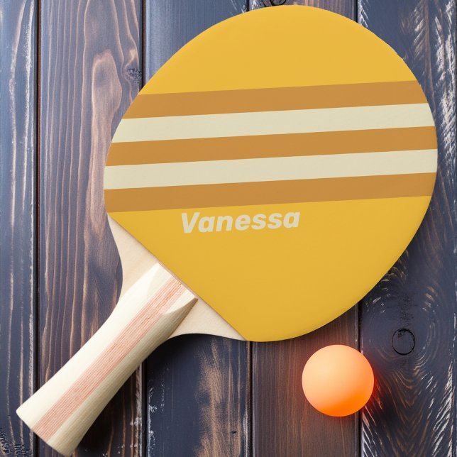 Raquette De Ping Pong Rayures Moutarde Rétro Ensoleillées avec Nom (Créateur téléchargé)