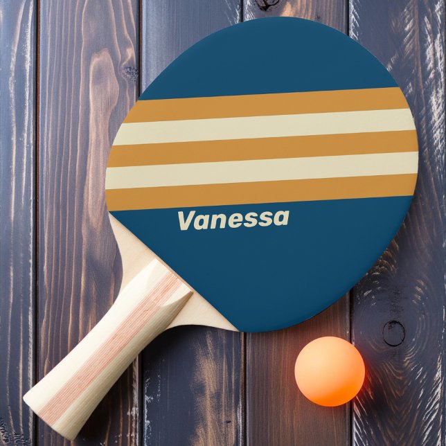 Raquette De Ping Pong Rayures rétro bleues avec nom (Créateur téléchargé)