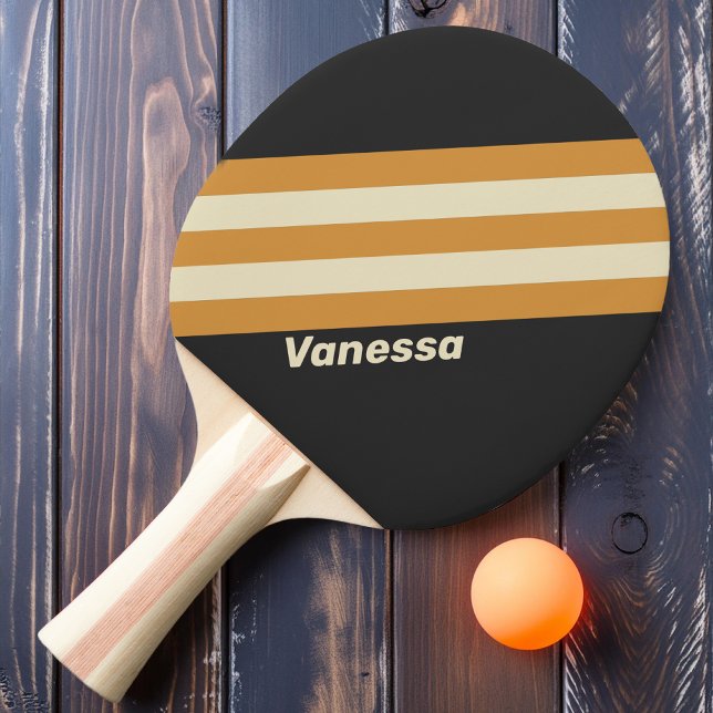 Raquette De Ping Pong Rayures Rétro Dorées sur Fond avec Nom (Créateur téléchargé)