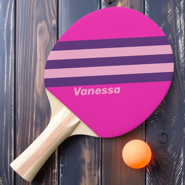 Raquette De Ping Pong Rayures Rétro Rose Ciel avec Nom (Créateur téléchargé)
