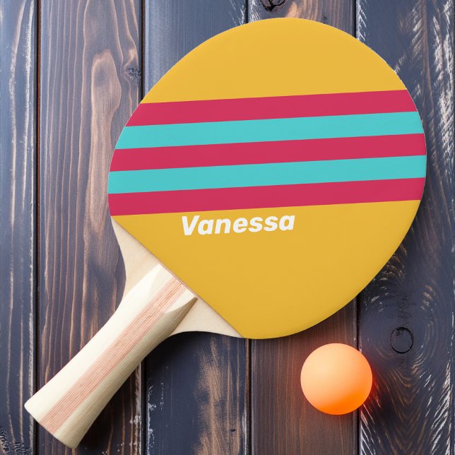 Raquette De Ping Pong Rayures Rétro Tropical Breeze avec Nom (Créateur téléchargé)