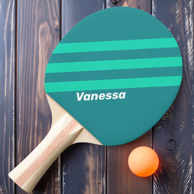 Raquette De Ping Pong Rayures Teal Beach Breeze avec nom (Créateur téléchargé)