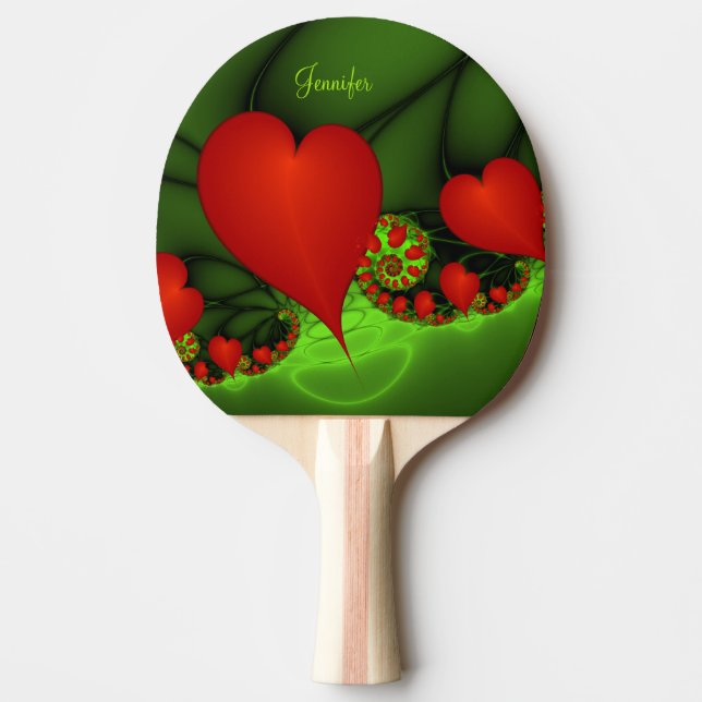Raquette De Ping Pong Red Hearts Lime Green Modern Abstrait Nom fractal (Devant)