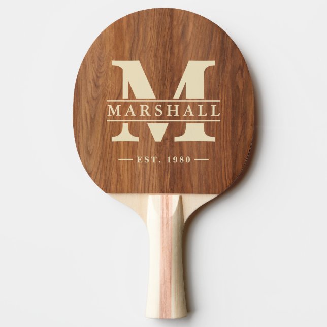 Raquette De Ping Pong Red Oak Wood Monogram & Name Overlay (Dos)