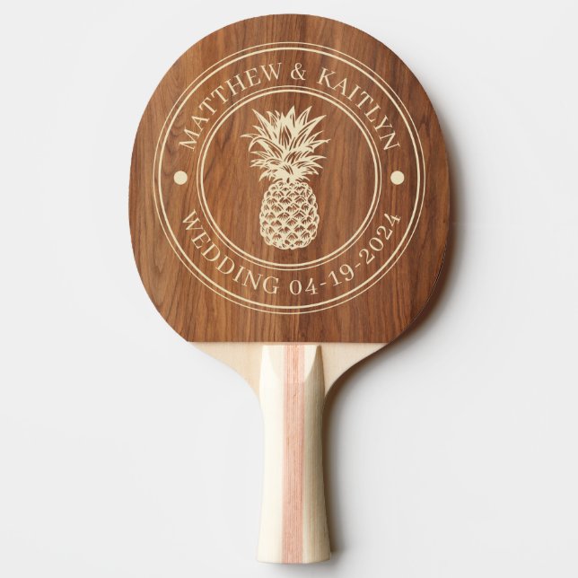 Raquette De Ping Pong Red Oak Wood Pineapple Wedding Crest & Names (Dos)