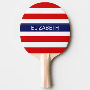 Raquette De Ping Pong Red Wht Horiz Bande Marine Nom bleu Monogramme