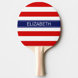 Raquette De Ping Pong Red Wht Horiz Bande Marine Nom bleu Monogramme