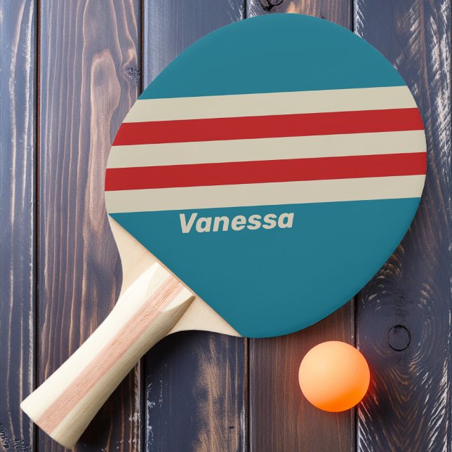 Raquette De Ping Pong Rétro Aqua Surf Rayures avec Nom (Créateur téléchargé)