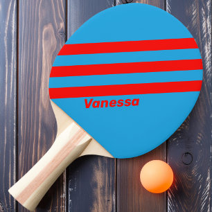 Raquette De Ping Pong Rétro Bleu Électrique Rouge Trois Bandes avec Nom