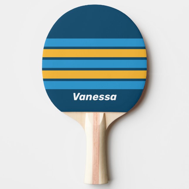 Raquette De Ping Pong Rétro bleu marine rayé avec nom (Devant)