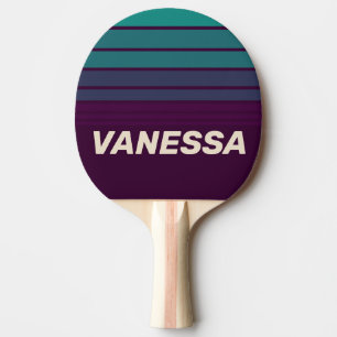 Raquette De Ping Pong Rétro dégradé violet horizon rayé avec nom
