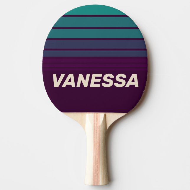 Raquette De Ping Pong Rétro dégradé violet horizon rayé avec nom (Devant)