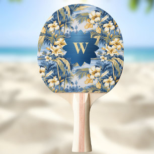 Raquette De Ping Pong Rétro Jaune Bleu Floral et Palmiers Tropicaux Init