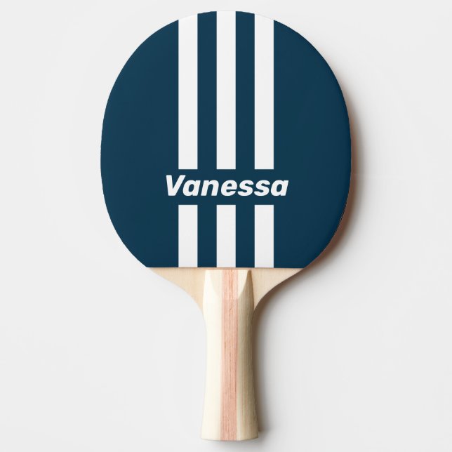 Raquette De Ping Pong Rétro Navy Trois Bandes avec Nom (Devant)