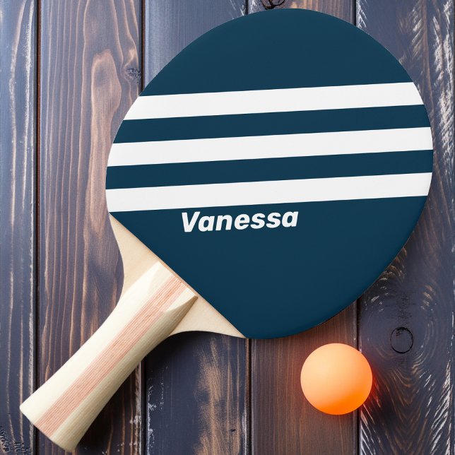 Raquette De Ping Pong Rétro Navy Trois Bandes avec Nom (Créateur téléchargé)