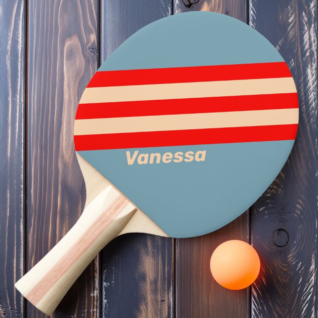 Raquette De Ping Pong Rétro Océan Horizon Rayures avec Nom (Créateur téléchargé)
