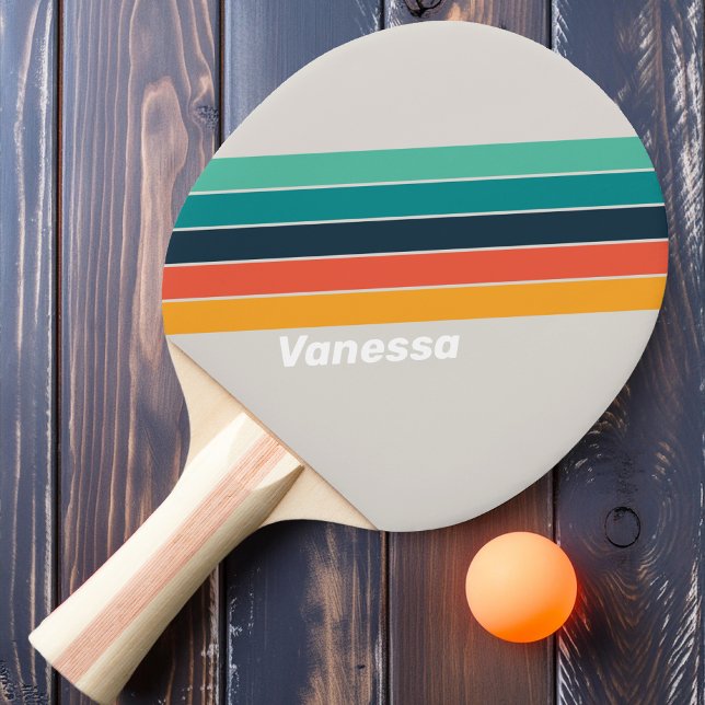 Raquette De Ping Pong Rétro Océan Rayé de Rainbow avec Nom (Créateur téléchargé)