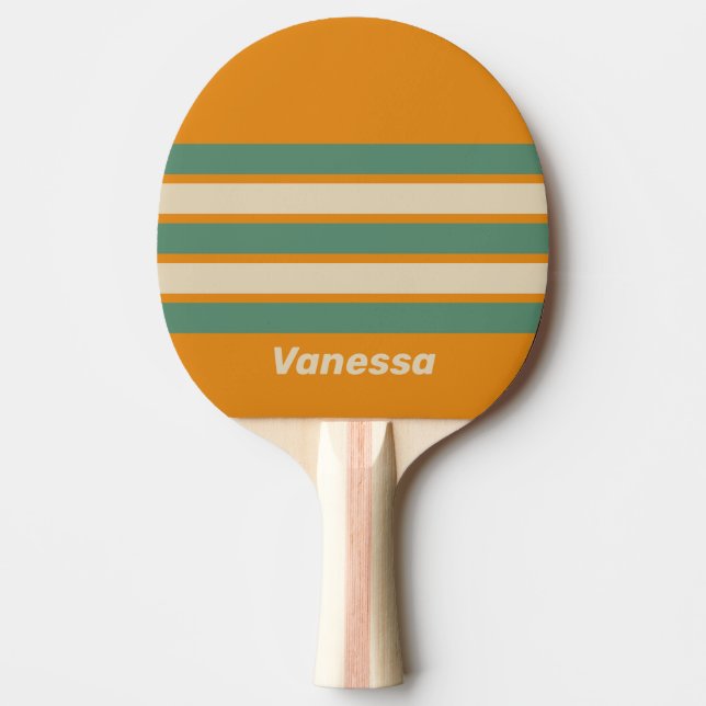 Raquette De Ping Pong Rétro Orange Rayures sur Fond avec Nom (Devant)