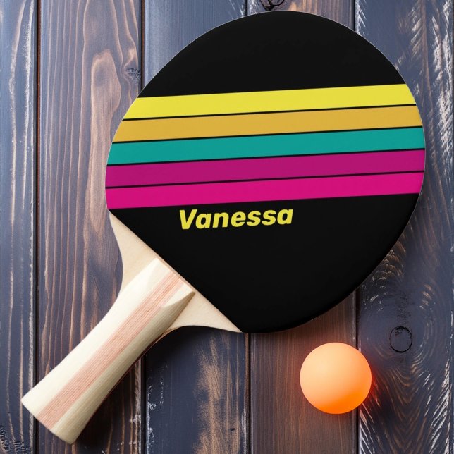 Raquette De Ping Pong Rétro rayé foncé 80 avec nom (Créateur téléchargé)