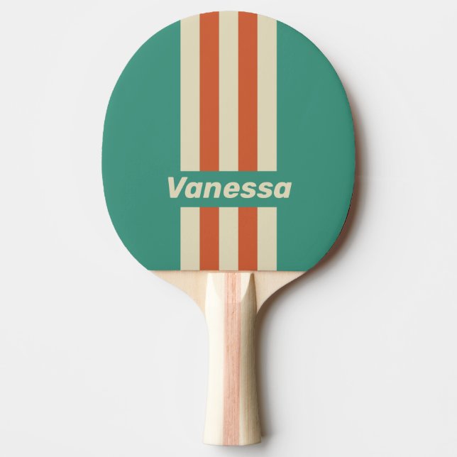 Raquette De Ping Pong Rétro Rayures de Broche Intemporelles avec Nom (Devant)