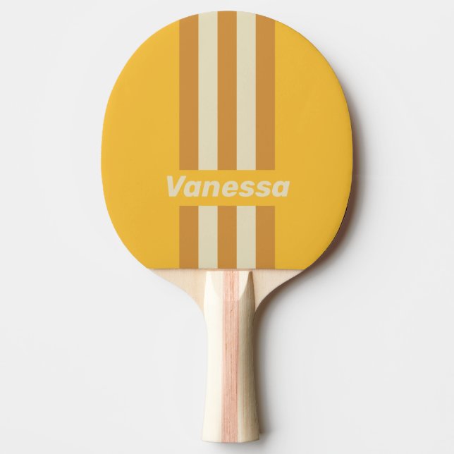 Raquette De Ping Pong Rétro Rayures Jaune Moutarde avec Nom (Devant)
