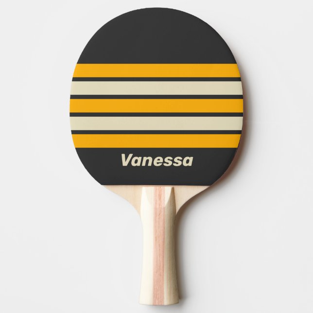 Raquette De Ping Pong Rétro Soleil Noir à travers les rayures avec nom (Devant)