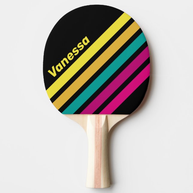 Raquette De Ping Pong Retro Striped Dark 80s Angled Striping with Name (Devant)