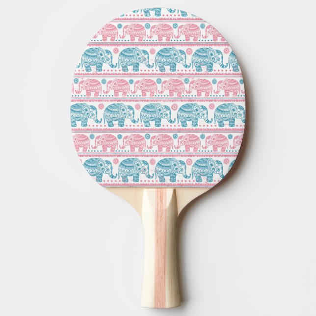 Raquette De Ping Pong Rose et motif ethnique turquoise d'éléphant (Devant)