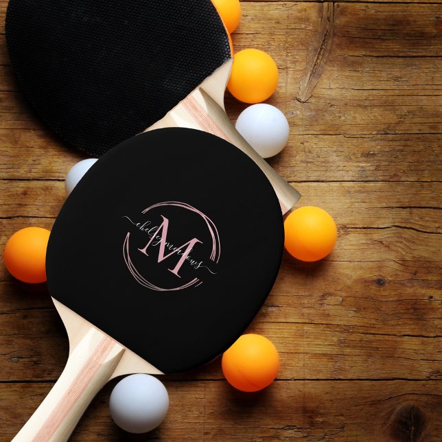 Raquette De Ping Pong Rose Gold Noir Monogramme Calligraphie Nom (Créateur téléchargé)