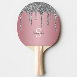 Raquette De Ping Pong Rose Gold Rose Monogramme Nom Paillettes Argentées