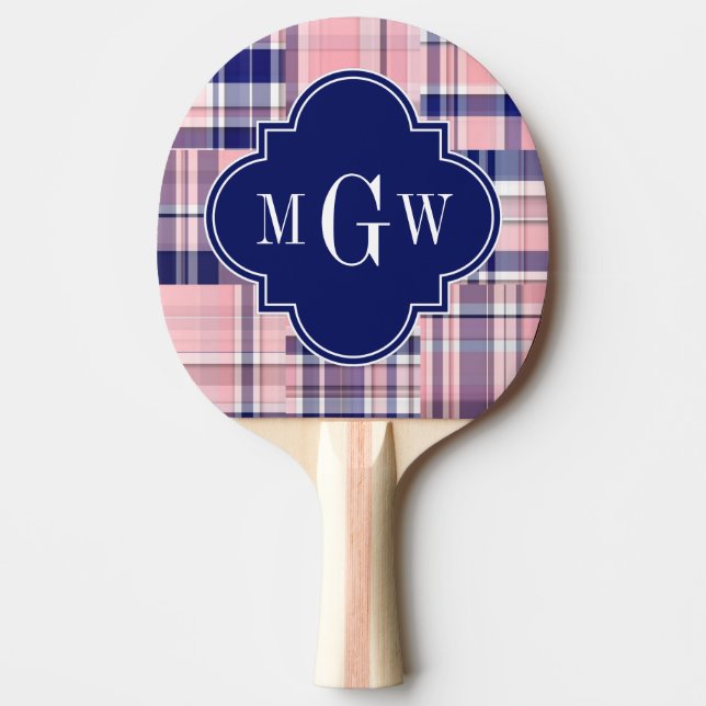 Raquette De Ping Pong Rose, Marine Blue Preppwork Patchwork Madras Monog (Devant)