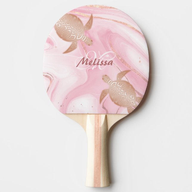 Raquette De Ping Pong Rose Tortue d'or Blush Marble Monogramme Votre nom (Devant)