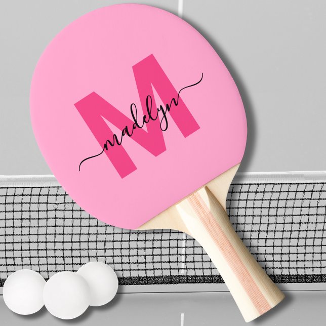 Raquette De Ping Pong Rose vif Moderne Nom en écriture manuscrite Monogr (Hot Pink Modern Script Name Girly Monogram Ping Pong Paddle)