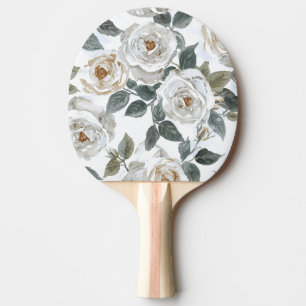 Raquette De Ping Pong Roses de jardin Floral vintage aquarelle blanc