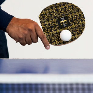 Raquette De Ping Pong Royal Black & Gold Damassé Fleur Personnalisé Nom