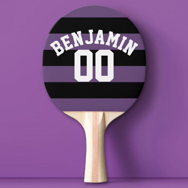 Raquette De Ping Pong Rugby noir et violet rayures Nom Numéro (Custom Ping Pong Paddle with a Sports Theme)